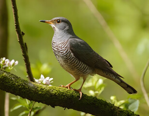 Close-up of a cuckoo bird calling in a sunlit forest during springtime in Europe, Common cuckoo song, European bird call, Cuculus canorus singing. A beautiful black and white bird.