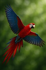 Fototapeta premium Vibrant scarlet macaw parrot soaring through lush green rainforest canopy