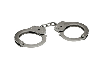 Pair of metal handcuffs with a chain, symbolizing crime and law enforcement, isolated on transparent background