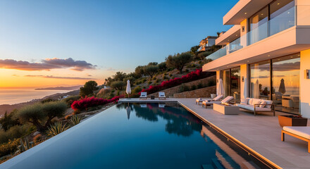Luxury villa with infinity pool overlooking the sea at sunset
