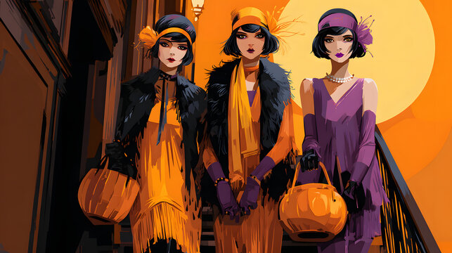 Three stylish women in 1920s attire celebrate Halloween with vibrant costumes and accessories, embodying spirit of art and festivity