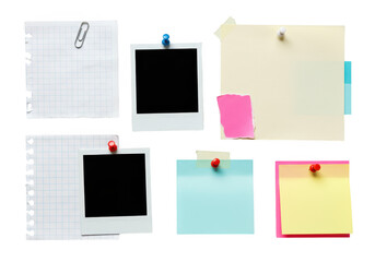 A collection of various sticky notes, torn paper sheets, and empty polaroid photo frames, isolated on transparent background