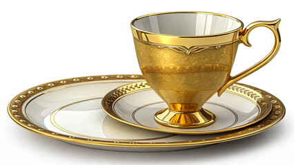 Golden Teacups Close-Up Isolated on White Background