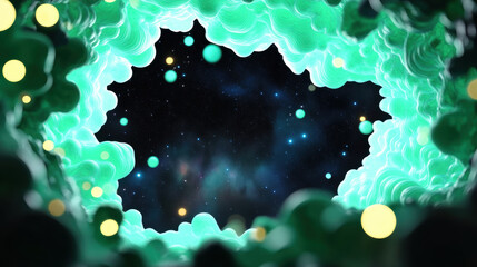 Mesmerizing view of glowing green nebula tunnel with soft, cloud like textures, revealing starry galaxy in center. scene is illuminated by scattered orbs, creating surreal cosmic atmosphere