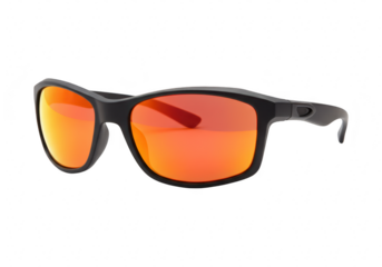 Modern black sunglasses with orange reflective lenses isolated on transparent background