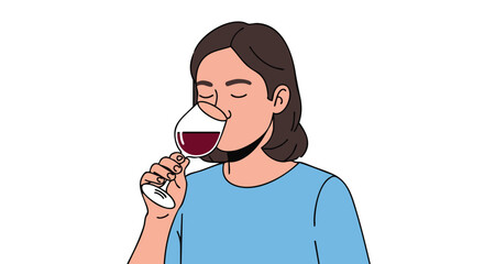 A serene moment depicted in a cartoon style, with a woman delicately savoring red wine from a stemmed glass, showcasing relaxation and subtle elegance
