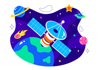 Satellite Internet Technology Vector Illustration featuring Satellites in Orbit Transmitting Signals for Global Network Connectivity in a Background
