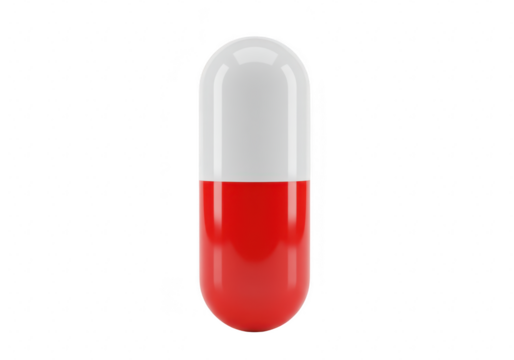 A single red and white capsule pill isolated on transparent background, representing medicine and healthcare