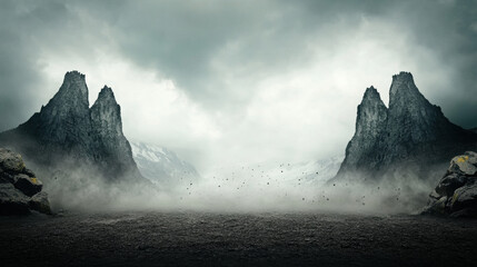 Dramatic rocky plateau surrounded by towering jagged peaks under stormy sky, with mist and dust swirling in air, creating mysterious and intense atmosphere
