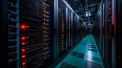 Fototapeta premium Server Racks and Cabinets full of Hard Drives in a Data Center.