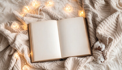 A cozy, beige flat lay composition shows an open blank journal resting on a soft knitted blanket, warmly illuminated by glowing string lights in a relaxing indoor setting.