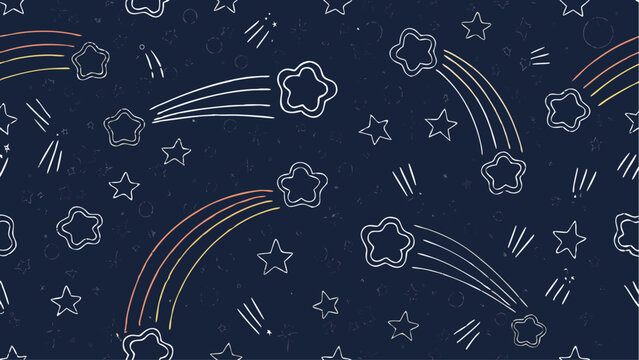 Whimsical night sky pattern with shooting stars and outlined stars on a dark blue background design style