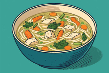 A steaming bowl of chicken noodle soup with vibrant carrots and celery, presented from a top-down perspective.