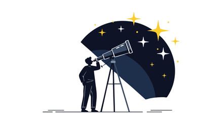 Observing celestial wonders: A vector illustration of a man gazing through a telescope amidst twinkling stars