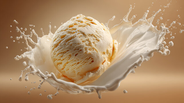 Vanilla ice cream scoop splashing into creamy milk, creating dynamic motion and freshness, dessert concept, appetizing and smooth texture