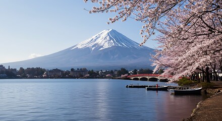 Mount Fuji with Cherry Blossoms and Lake Kawaguchiko in Spring Japan sakura