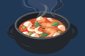 Korean seafood stew in a steaming black stone pot.