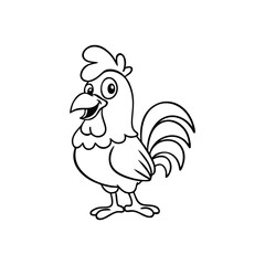 Happy Cartoon Rooster Outline Black and White Line Art