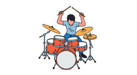 Enthusiastic drummer performing rhythmic beats on drum kit with energy and passion as a musician making music in the style of a cartoon performance