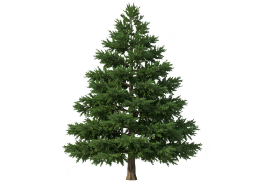 A tall, full evergreen conifer tree with lush green needles, isolated on a transparent background