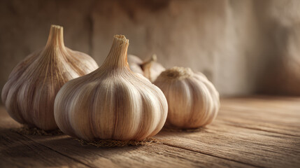 Obraz premium Garlic bulb organic fresh rustic natural healthy ingredient vegetable kitchen wood table aromatic closeup raw cooking nutrition