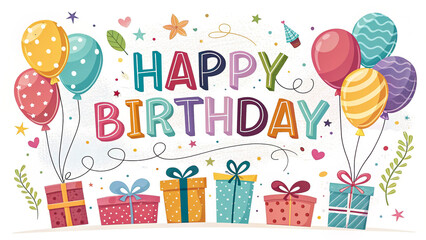 Happy Birthday Greeting Vector Template with Balloons and Gift Elements on White Background