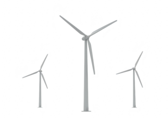 Three wind turbines isolated on transparent background, representing renewable energy generation and sustainable technology