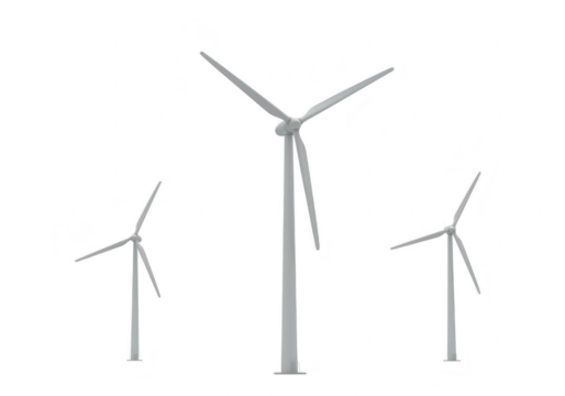Three wind turbines isolated on transparent background, representing renewable energy generation and sustainable technology