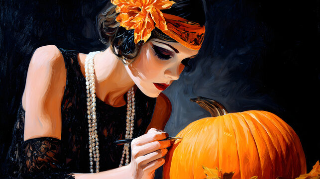 Woman in 1920s attire carves pumpkin with focus and creativity, embodying spirit of Halloween art