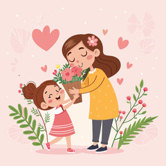 Mother's day postcard with paper flying elements and gift box on white sky background. Vector symbols of love in shape of heart for greeting card design
