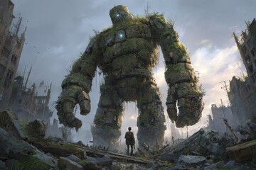 Towering Golem Constructed from Crumbling City Rubble: Enhanced Dystopian Art