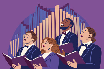 A vibrant choir belts out hymns, illuminated by grand organ pipes in the background. flat bold (1).