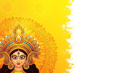 Elegant illustration of the Hindu Goddess Durga face for the celebration of the Navratri festival. Traditional Indian mythological art on a vibrant yellow background.