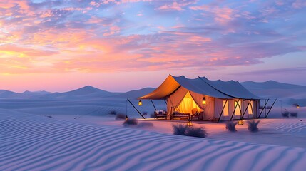 Desert luxury tent camp at sunset illuminated interior sand dunes and vibrant sky