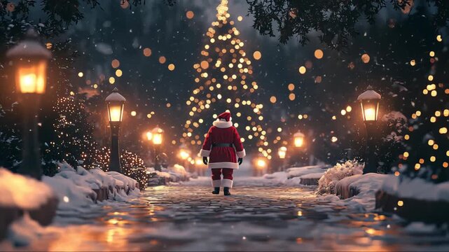 Santa walking through a snow-covered path illuminated by festive lights on a winter night