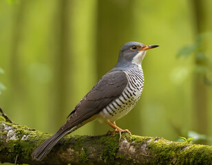 A cuckoo bird calling in a sunlit forest during springtime in Europe, Common cuckoo song, European bird call, Cuculus canorus singing.