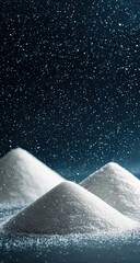 Two pristine white powder mounds under a dark, starry sky with falling particles