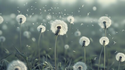 Lonely dandelion with flying seeds in the wind. Symbol of sadness, grief, solitude and fleeting life. Poetic and emotional nature background for loss, mourning and farewell themes