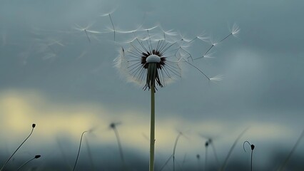Lonely dandelion with flying seeds in the wind. Symbol of sadness, grief, solitude and fleeting life. Poetic and emotional nature background for loss, mourning and farewell themes