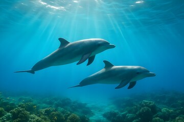 Obraz premium Dolphins Swimming in Clear Blue Ocean Water, Sunlight Streaming Through