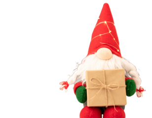 A - Festive Christmas Gnome Holding Gift Box with Sparkling Details, Transparent PNG.