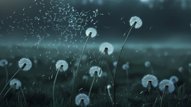 Lonely dandelion with flying seeds in the wind. Symbol of sadness, grief, solitude and fleeting life. Poetic and emotional nature background for loss, mourning and farewell themes