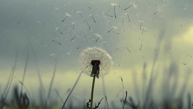 Lonely dandelion with flying seeds in the wind. Symbol of sadness, grief, solitude and fleeting life. Poetic and emotional nature background for loss, mourning and farewell themes