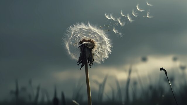 Lonely dandelion with flying seeds in the wind. Symbol of sadness, grief, solitude and fleeting life. Poetic and emotional nature background for loss, mourning and farewell themes