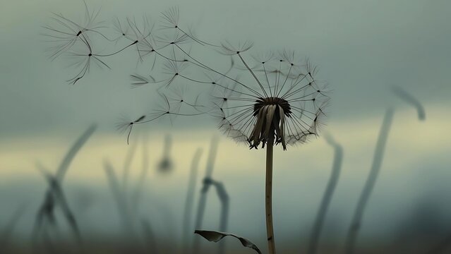 Lonely dandelion with flying seeds in the wind. Symbol of sadness, grief, solitude and fleeting life. Poetic and emotional nature background for loss, mourning and farewell themes
