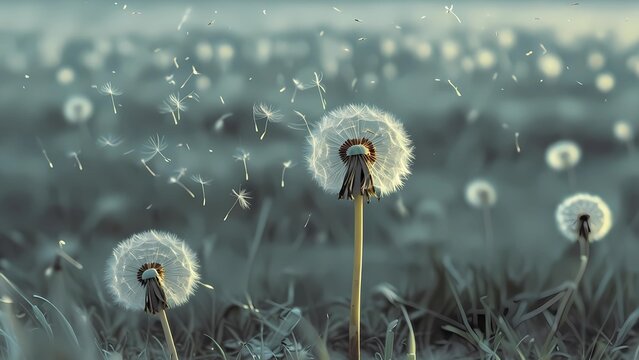 Lonely dandelion with flying seeds in the wind. Symbol of sadness, grief, solitude and fleeting life. Poetic and emotional nature background for loss, mourning and farewell themes