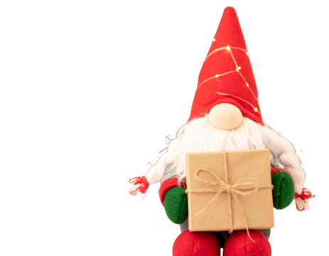 A - Festive Christmas Gnome Holding Gift Box with Sparkling Details, Transparent PNG.
