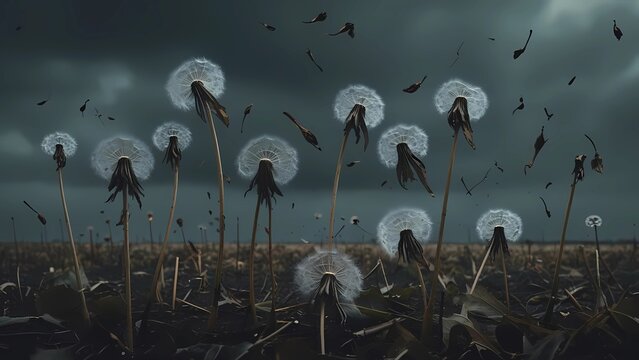 Lonely dandelion with flying seeds in the wind. Symbol of sadness, grief, solitude and fleeting life. Poetic and emotional nature background for loss, mourning and farewell themes