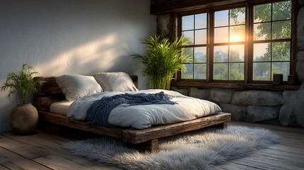 A realistic high-definition photo of a minimalist bedroom with low bed and white linens.