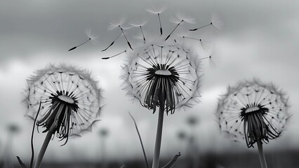 Lonely dandelion with flying seeds in the wind. Symbol of sadness, grief, solitude and fleeting life. Poetic and emotional nature background for loss, mourning and farewell themes